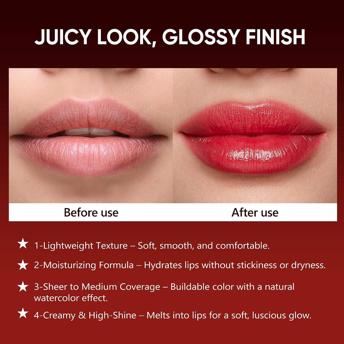 Deep Red Hydrating Lipstick, Glossy Tinted Lip Balm, Cinnamon Rose