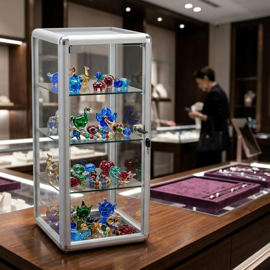 14" W x 27" H x 12" D, Silver Aluminum Tempered Glass Top Display Case with Lock, Key and 3 Glass Shelves for Retail