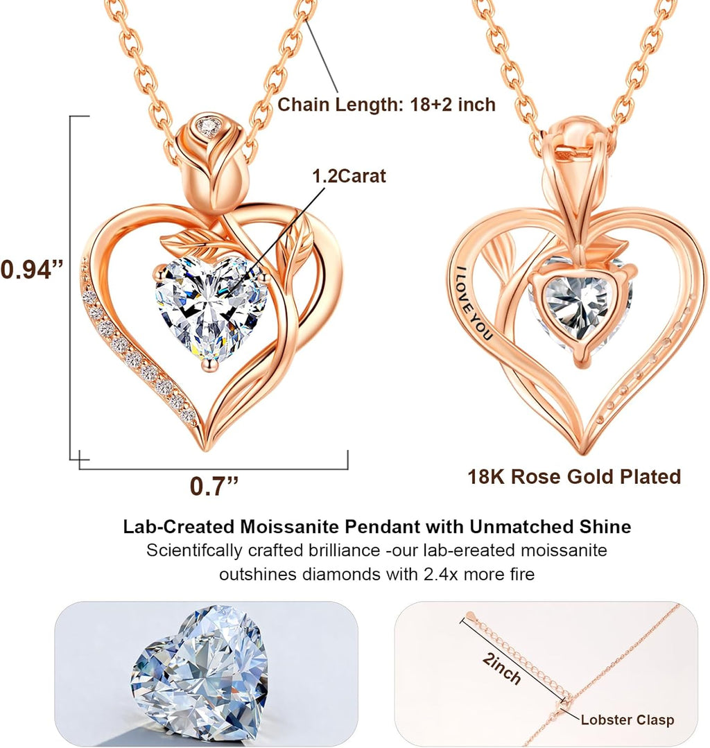 1.2CT Rose Heart Necklace Option of Moissanite or Lab-Grown Sapphire Ruby Emerald&More Necklace for Women Birthstone