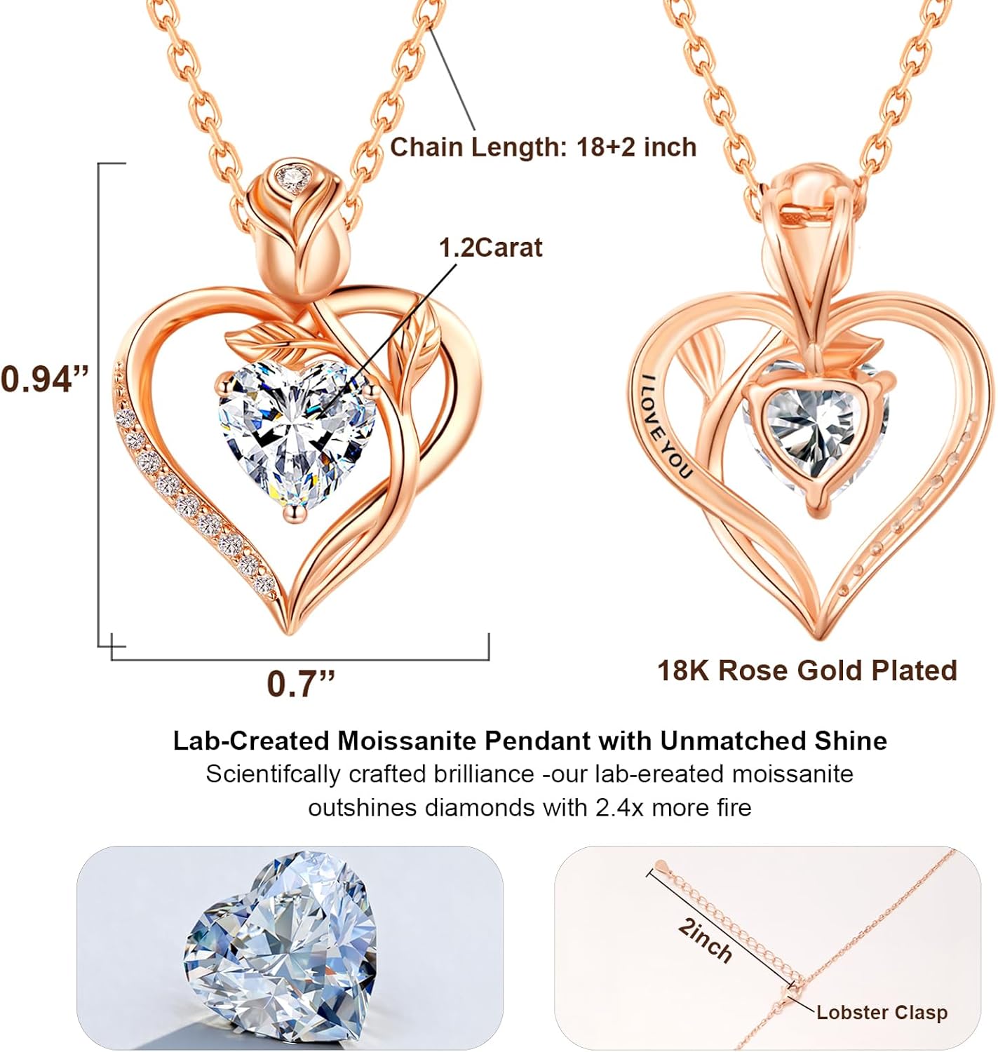 1.2CT Rose Heart Necklace Option of Moissanite or Lab-Grown Sapphire Ruby Emerald&More Necklace for Women Birthstone