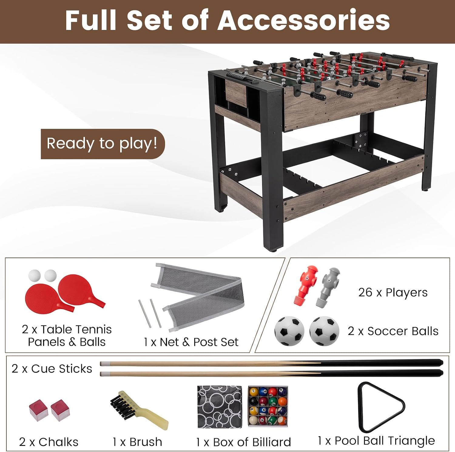 3-in-1 Swivel Game Table, 49'' Combo Game Table with Foosball, Pool Billiards & Table Tennis for Adults, Indoor