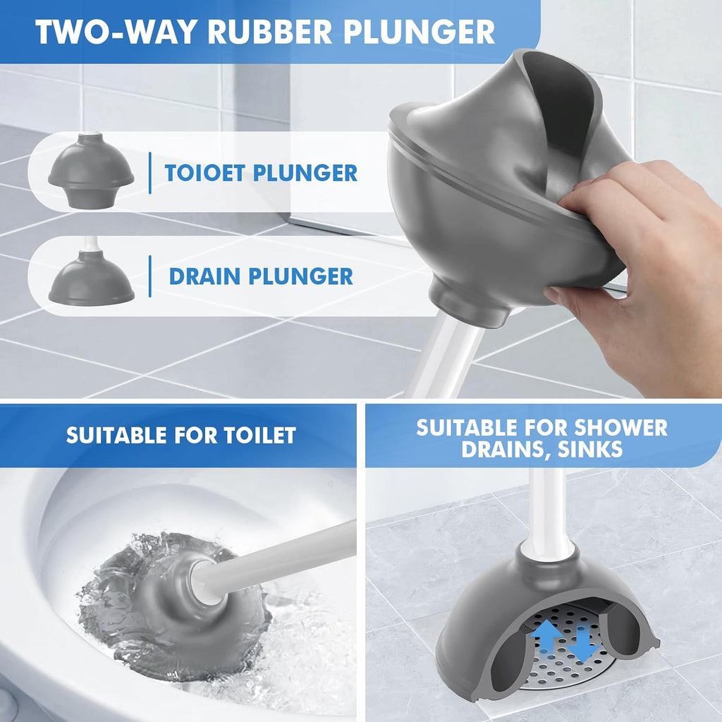 Toilet Plunger and Brush with Holder, Bowl Brush and Heavy Duty Toilet Plunger Set with Ventilated Holder, 2-in-1