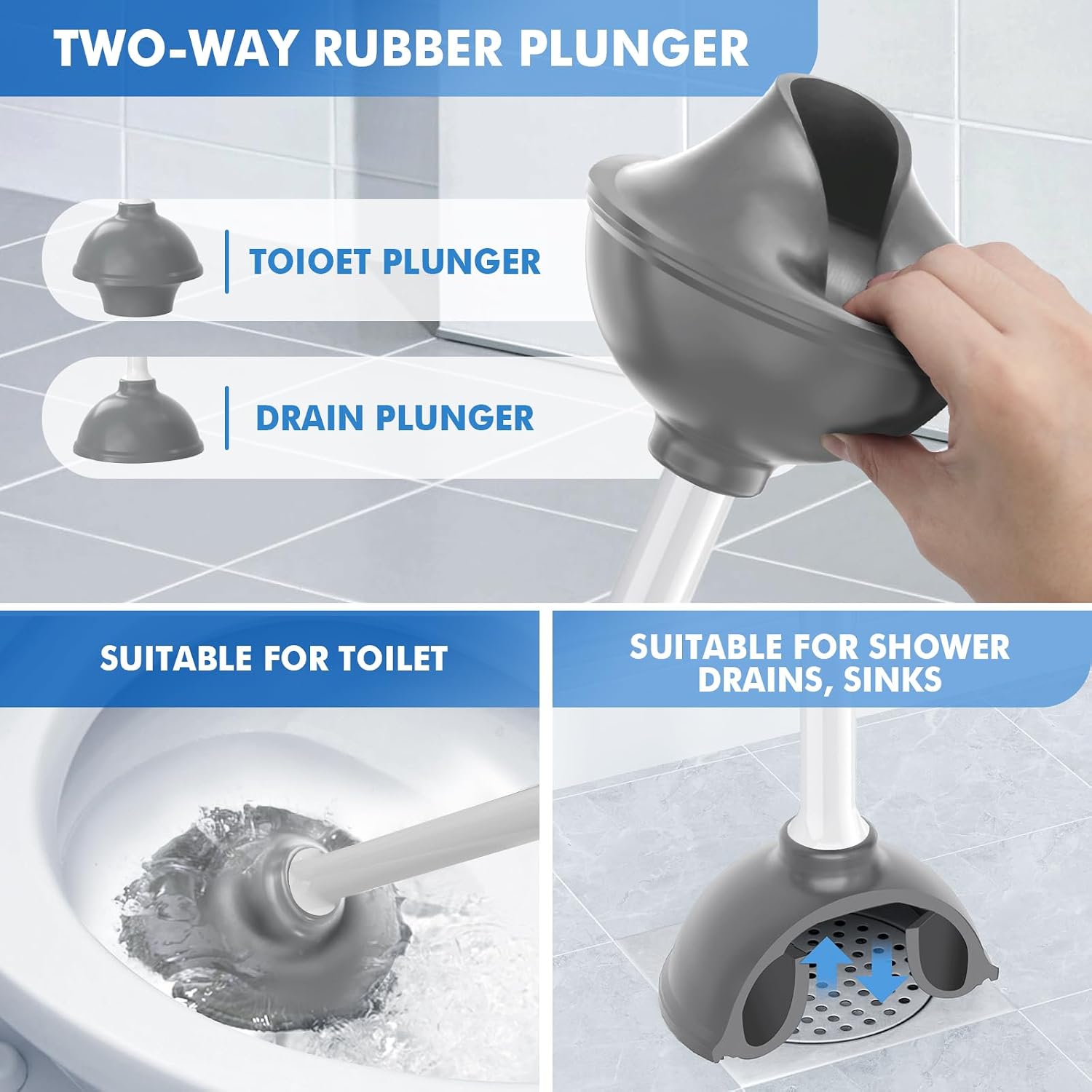 Toilet Plunger and Brush with Holder, Bowl Brush and Heavy Duty Toilet Plunger Set with Ventilated Holder, 2-in-1