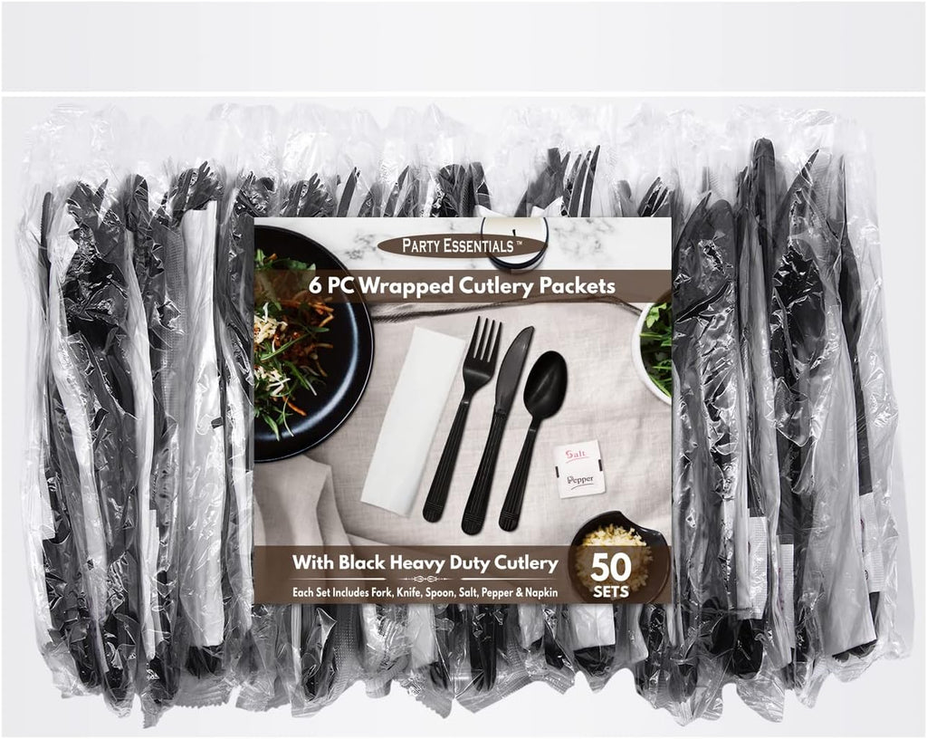 Individually Wrapped Plastic Cutlery Packets/Heavy Duty Silverware Kits, Fork/Spoon/Knife/Napkin/Salt/Pepper, 50