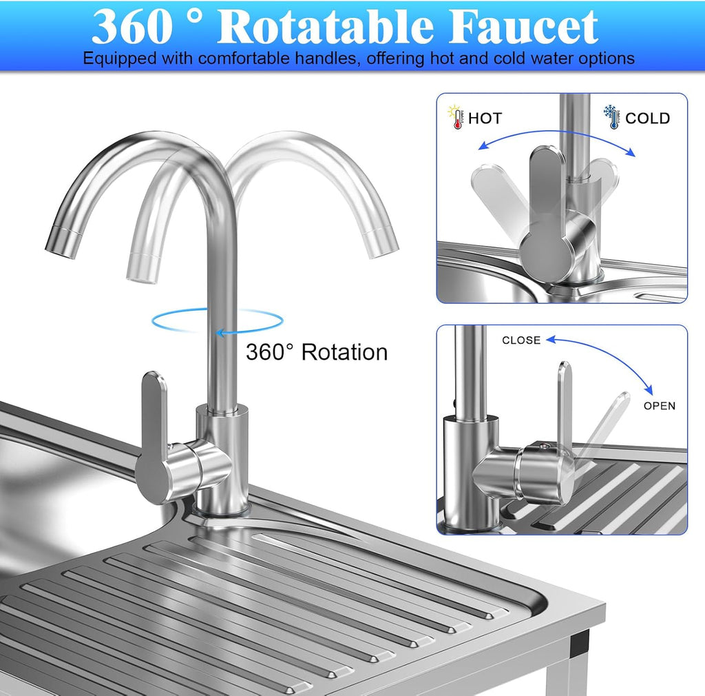Utility Sink Stainless Steel,Freestanding Single Bowl Kitchen Sink,Outdoor Sink Station with Hose Hook Up,Hot & Cold