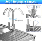 Utility Sink Stainless Steel,Freestanding Single Bowl Kitchen Sink,Outdoor Sink Station with Hose Hook Up,Hot & Cold