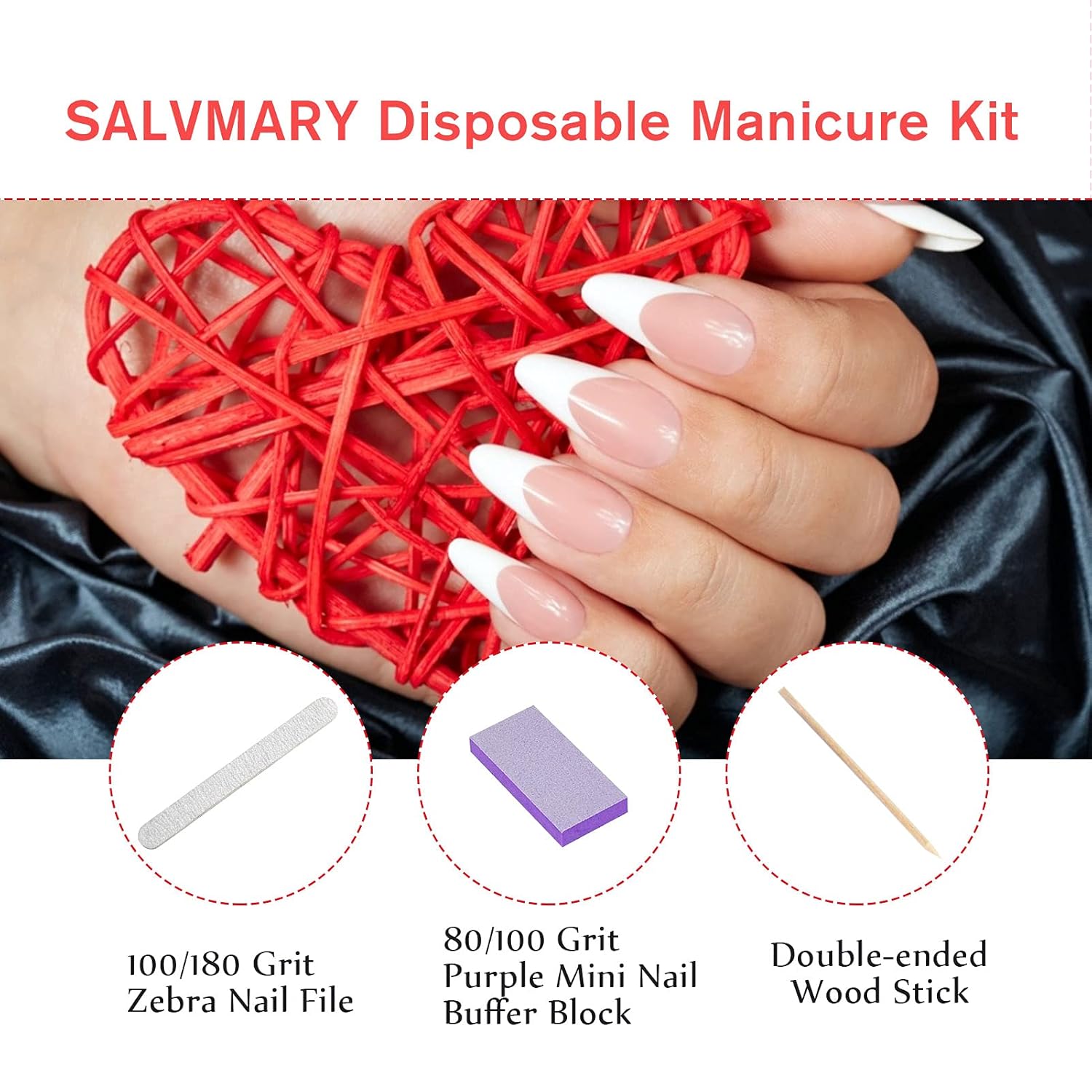 Professional Disposable Manicure Kit Basics 3 Piece Nail Kit, Wood Nail File 100/180 Grit, Mini Buffer 80/100 Grit