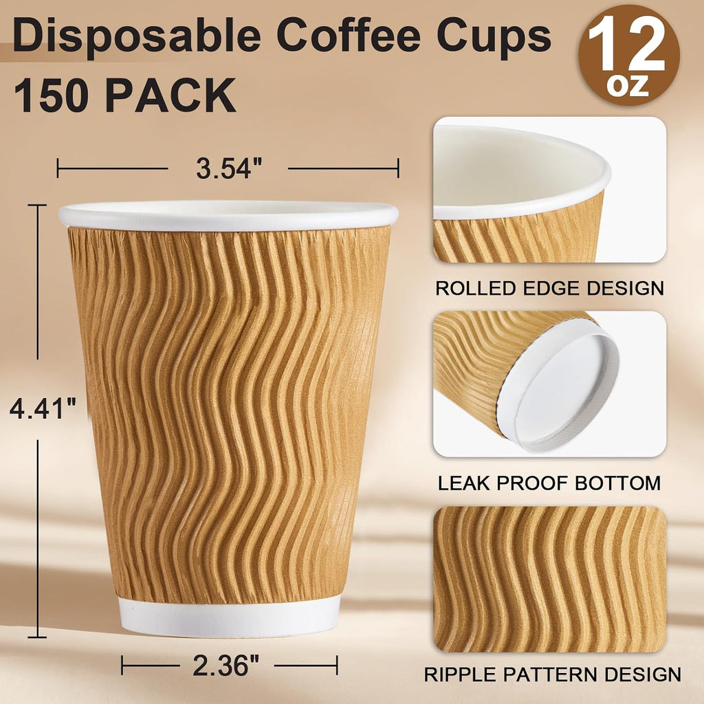 150 Pack 12 oz Disposable Coffee Cups, Insulated Corrugated Paper Cups