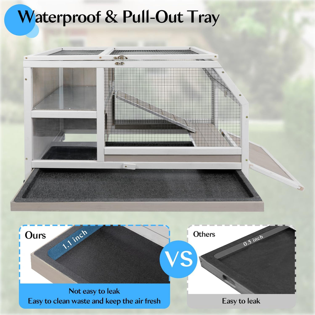 36" L Rabbit Hutch with Run, 2-Story Bunny Cage with Divider Panel | Pull-Out Tray, Wooden Small Animal Habitat with