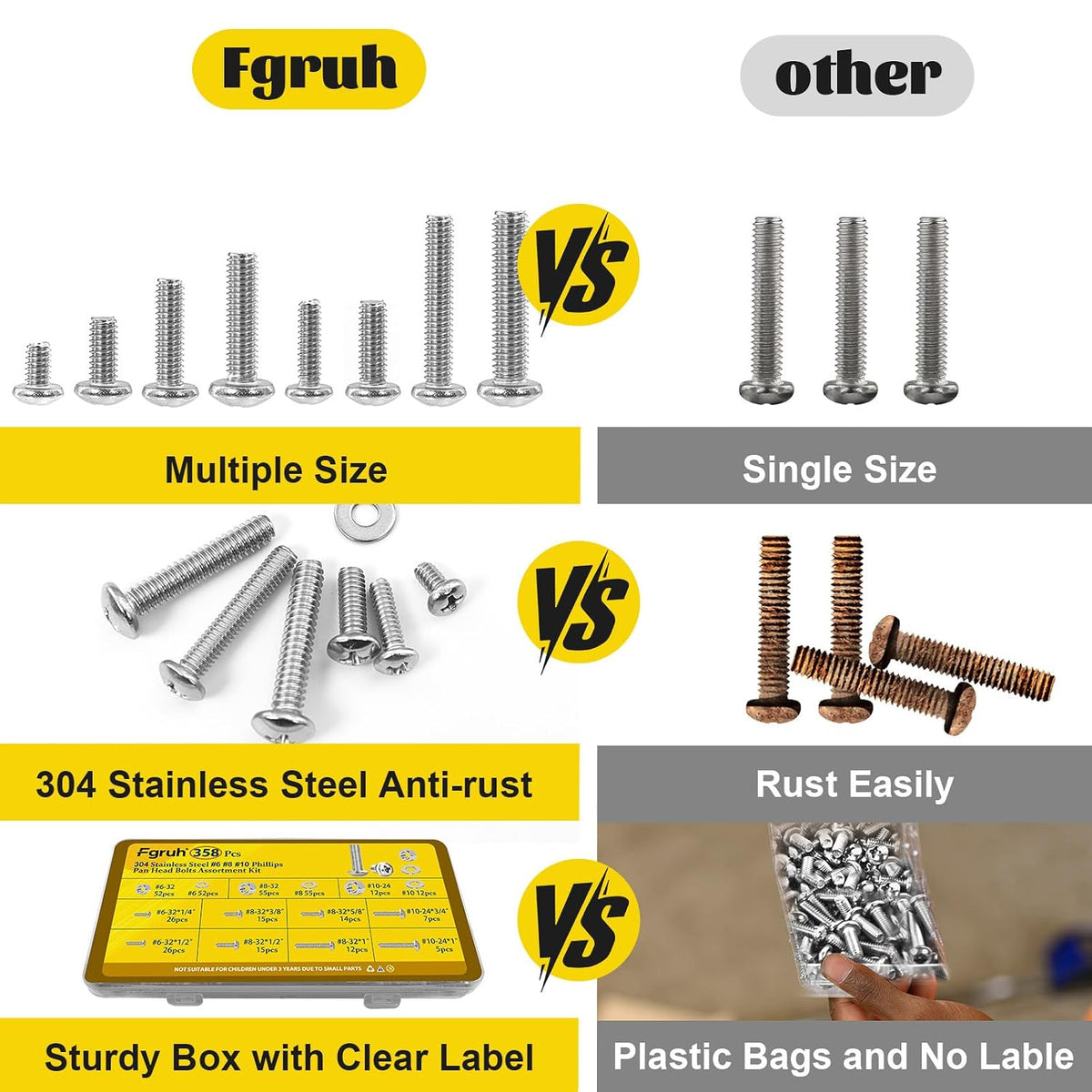 358PCS #6-32#8-32#10-24 Pan Head Machine Screws Nuts Assortment Kit