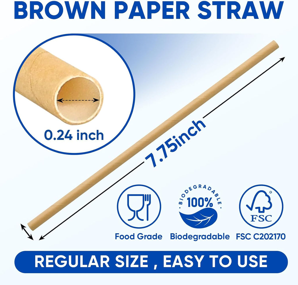 [300 Pack] Brown Paper Straws 7.75" Compostable Drinking Straws Disposable