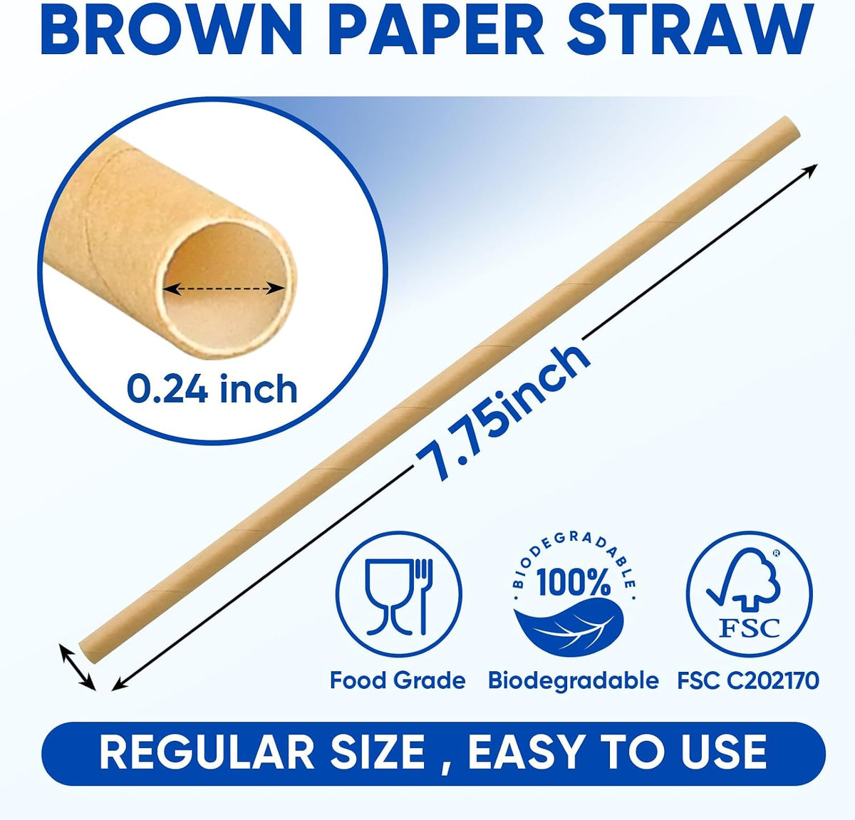 [300 Pack] Brown Paper Straws 7.75" Compostable Drinking Straws Disposable