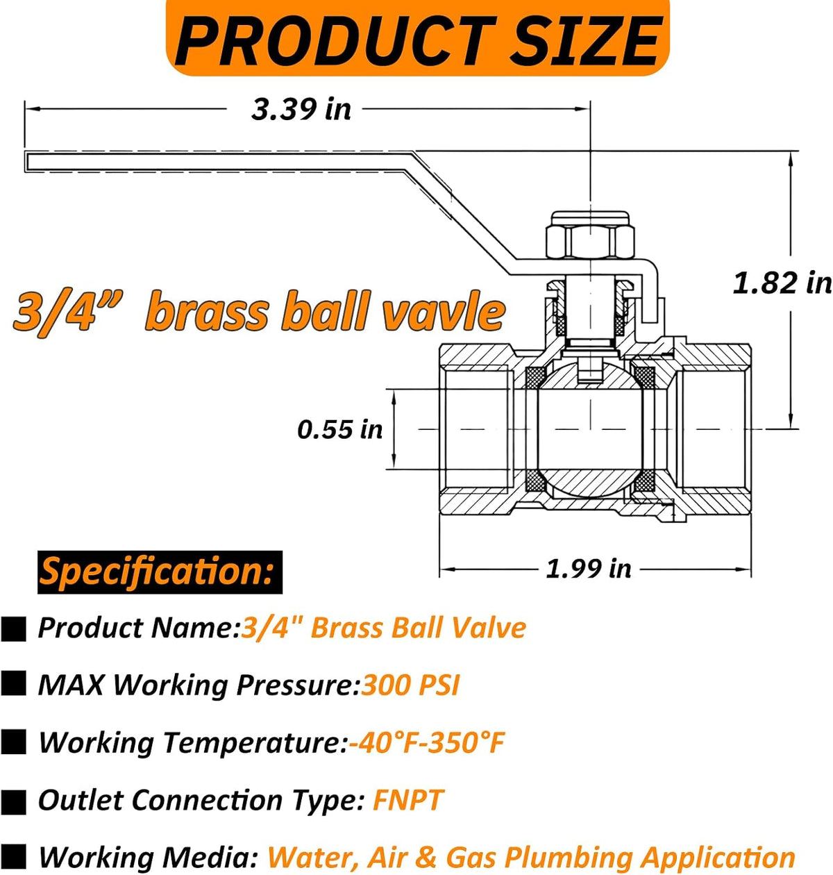 2Pack 3/4 Inch Full Port Ball Valve, Brass Male x Female NPT, 300 WOG