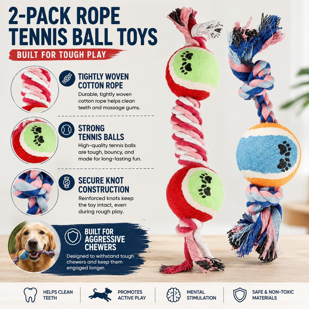 Rope Tennis Ball Toys for Aggressive Chewers, Durable Cotton Rope Tennis Ball Chew Toys for Small, Medium Dogs