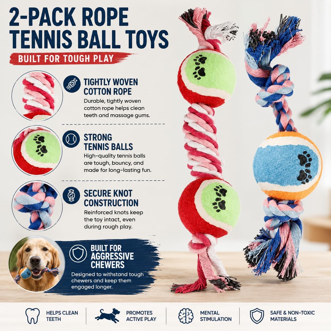 Rope Tennis Ball Toys for Aggressive Chewers, Durable Cotton Rope Tennis Ball Chew Toys for Small, Medium Dogs