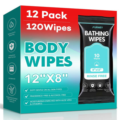 XL No-Rinse Body Wipes for Adults –12 Packs (120 Total) – Oversized, Extra Thick, and Shower-Fresh – Soft, Gentle &