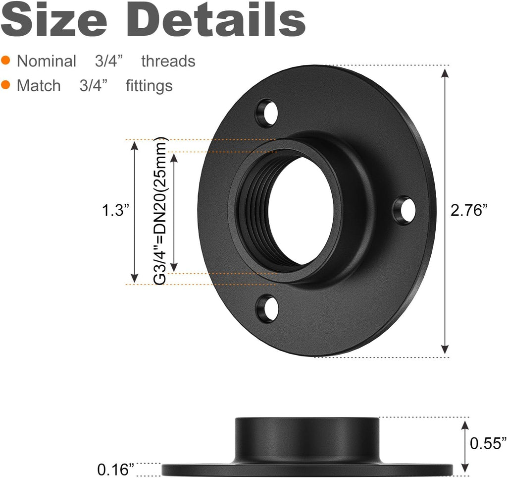 Flanges for Threaded Pipes and Fittings,Black,3/4",4-Pack.
