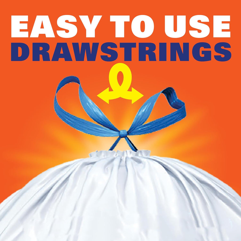 Strong 13 Gallon Trash Bags, Tall Kitchen, Drawstrings, Durable Closure, Resists Leaks, Punctures, Tears, White