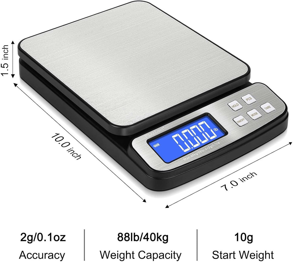 Digital Shipping Postal Scale 88lb x 0.1oz, Stainless Steel Platform | All-in-1 Shipping Scale, Large Display