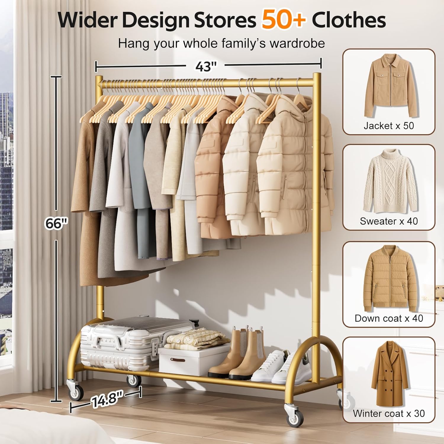 Heavy Duty Clothing Rack with Wheels Rolling Clothes Racks for Hanging Clothes, Coats, Garment, Dress, Gold