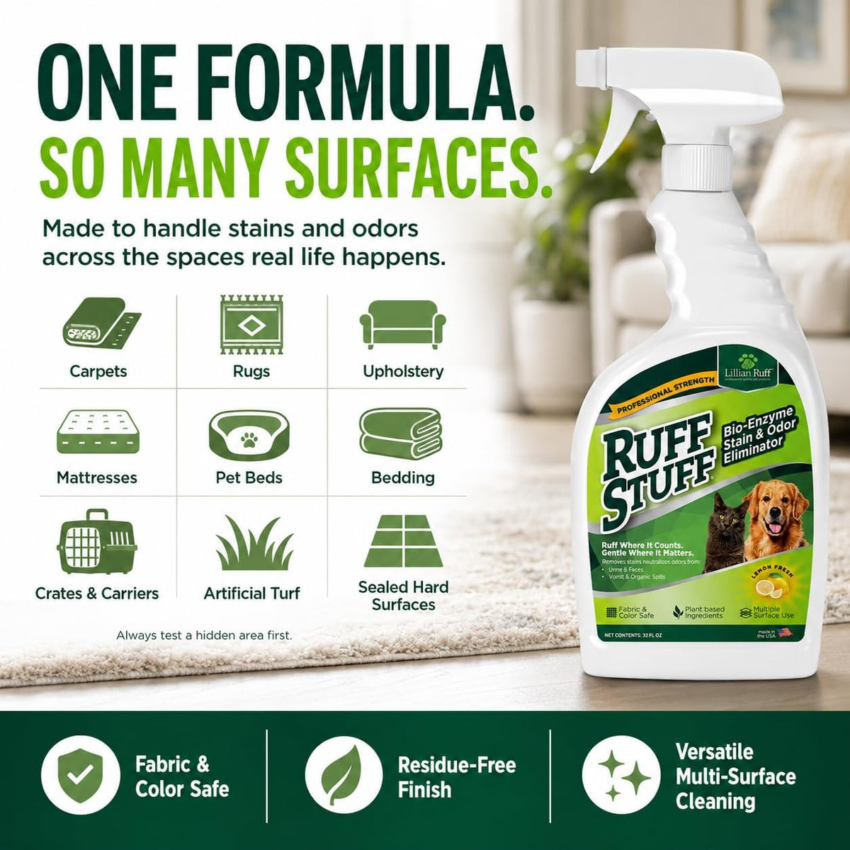 RUFF STUFF Max-Strength Bioenzyme Cleaner, Pet Stain & Odor Eliminator, Laundry Stain Remover Spray for Clothes, Dog