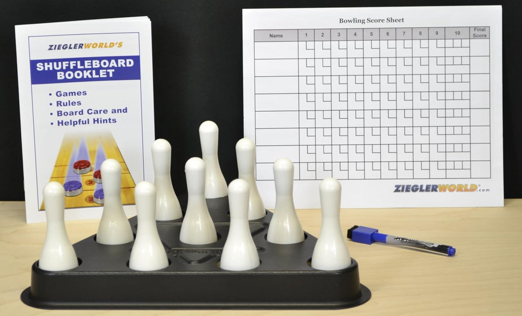 Table Shuffleboard Bowling White Pins - Pinsetter - Rules Booklet - Score Chart - Carrier Bag & Wood Ball