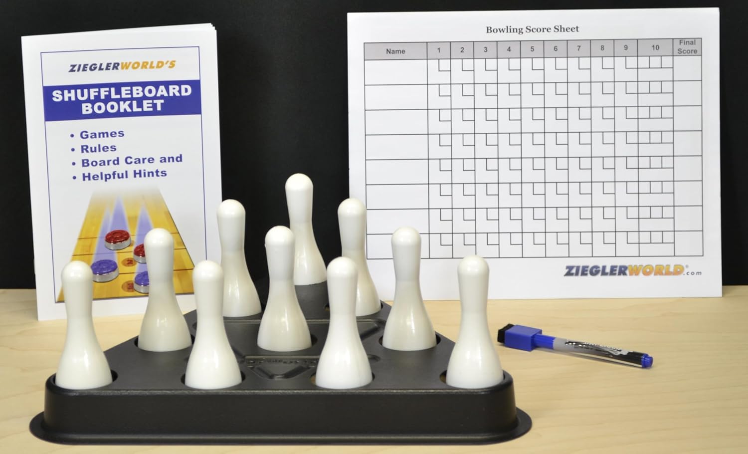 Table Shuffleboard Bowling White Pins - Pinsetter - Rules Booklet - Score Chart - Carrier Bag & Wood Ball