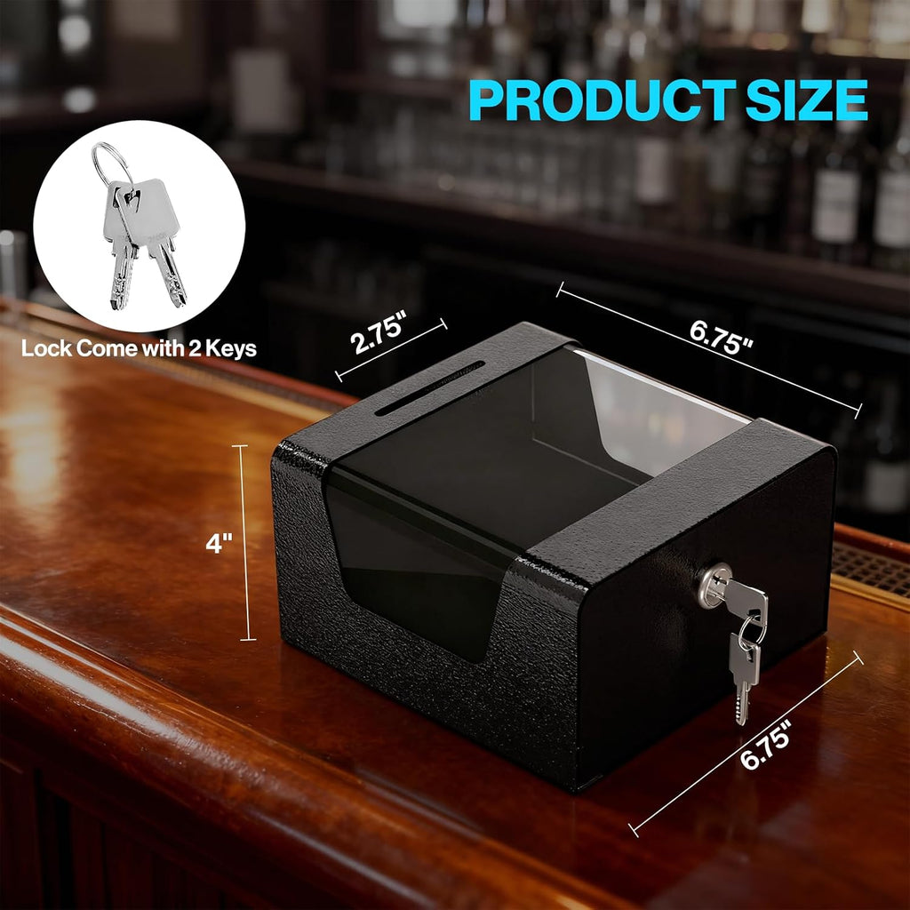 Metal Tip Box Tip Jar with Key & Combination Cable Lock for Bars