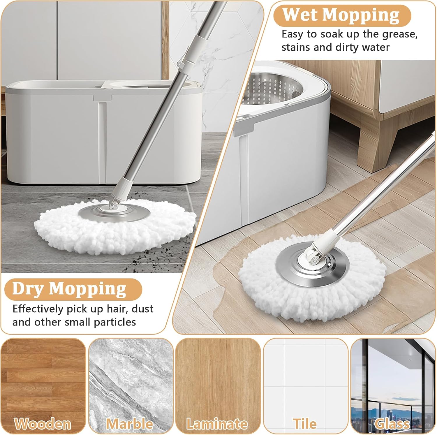 6 Pack Spin Mop Replacement Head for 360° Spin Mop System, Standard Size Round Shape Spin Mop Replacement Head