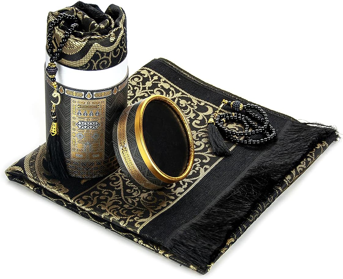 Muslim Prayer Rug and Prayer Beads with Elegant Design Cylinder Gift Box, Janamaz, Soft Sajadah, Islamic Gifts Set