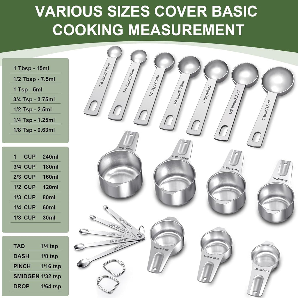 Measuring Cups and Spoons Set, 7 Stainless Steel Nesting Measuring Cups & 7 Spoons, 5 Mini Measuring Spoons & 2