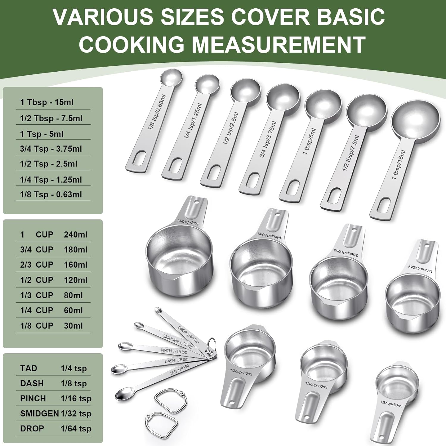 Measuring Cups and Spoons Set, 7 Stainless Steel Nesting Measuring Cups & 7 Spoons, 5 Mini Measuring Spoons & 2