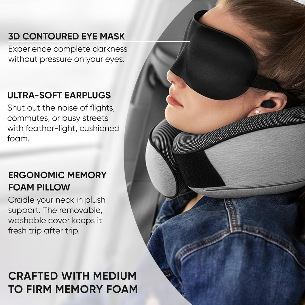 Travel Neck Pillows for Airplanes, Sleeping Essentials for Long haul Flights, 360° Head Support, Car and Airplane Kit
