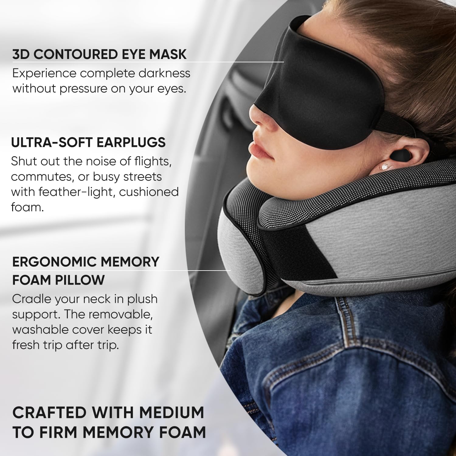 Travel Neck Pillows for Airplanes, Sleeping Essentials for Long haul Flights, 360° Head Support, Car and Airplane Kit