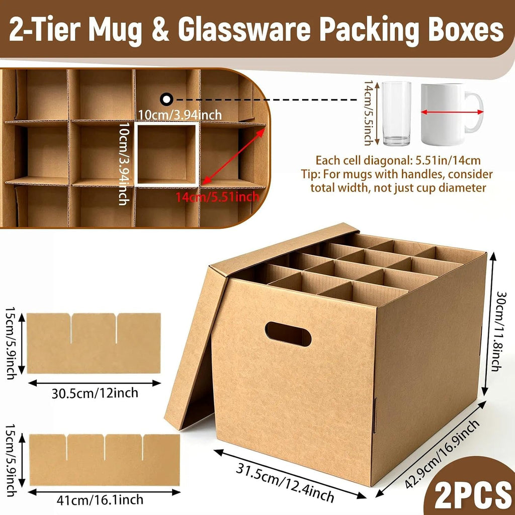 2-Tier Cup & Mug Moving Boxes for Small Coffee Mugs, Tea Cups & Glassware