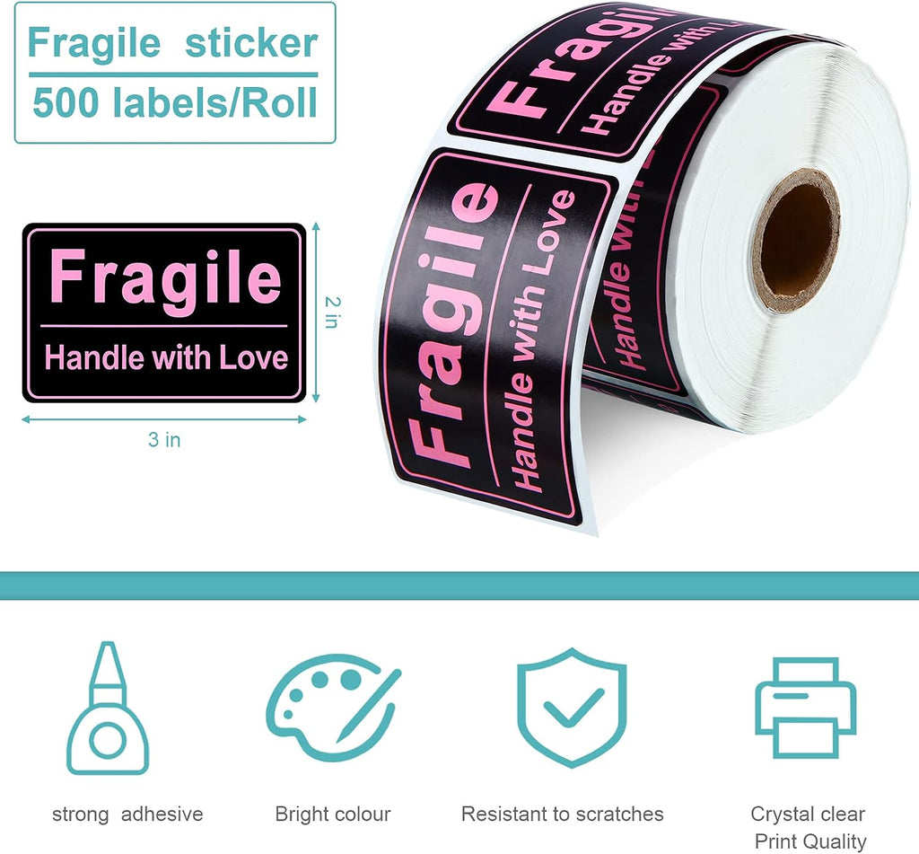 500 Pcs 2x3 Pink Fragile Sticker for Shipping Handle with Love Label