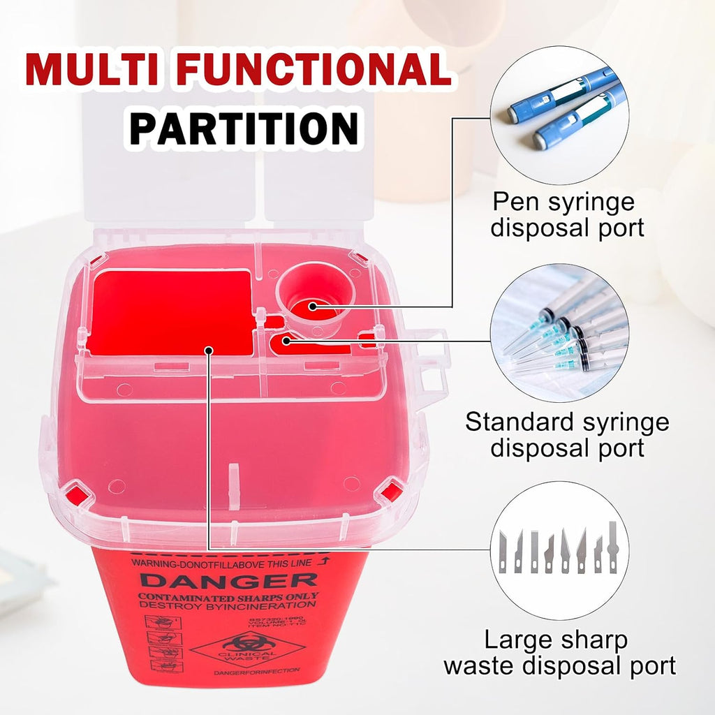 1 Quart (3-Pack) Red Sharps Containers, Needle Disposal for Home Use | Portable Travel Sharps Storage, Professional