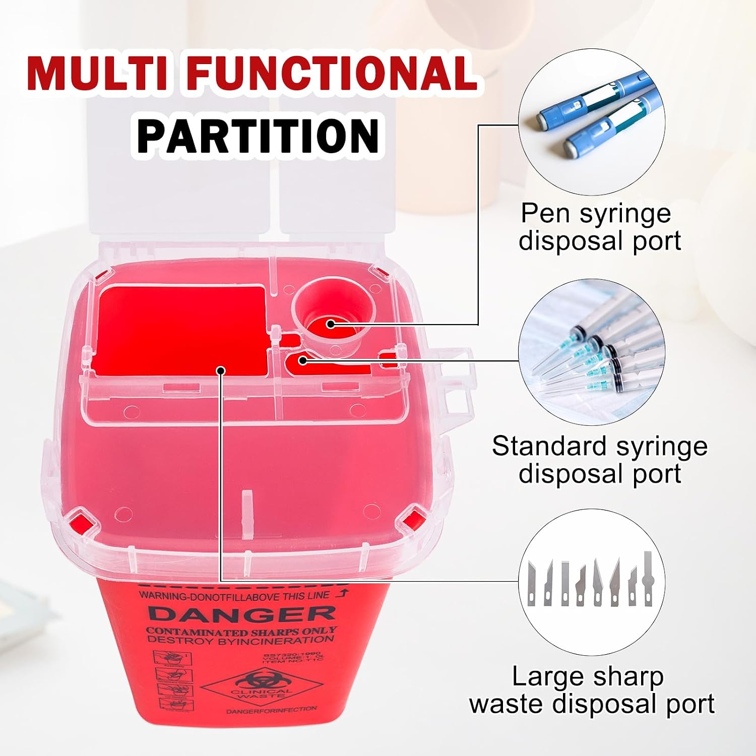 1 Quart (3-Pack) Red Sharps Containers, Needle Disposal for Home Use | Portable Travel Sharps Storage, Professional