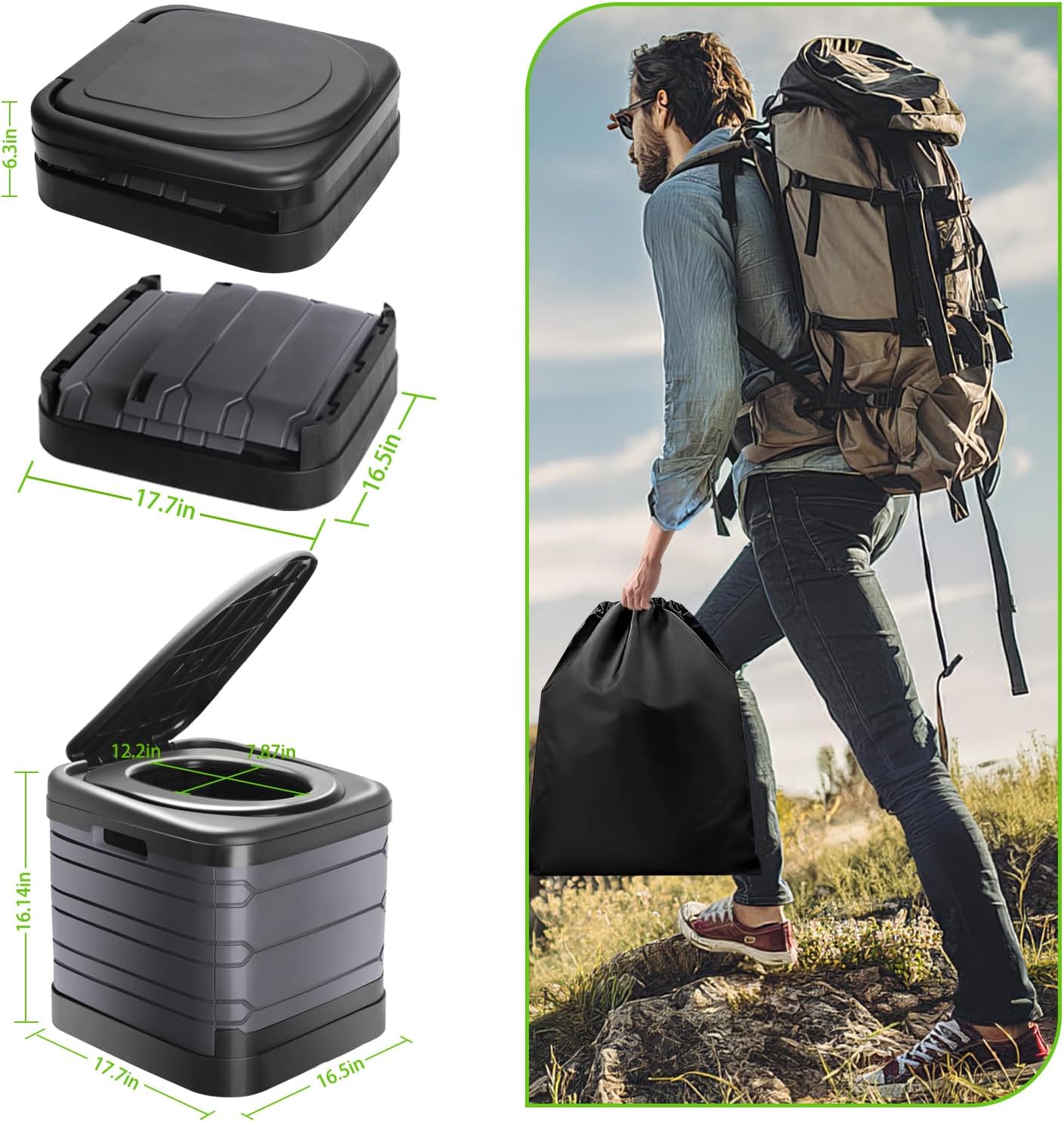 XXL Portable Toilet for Adults,16'' Tall Camping Toilet with Lid and Carry Bag, Heavy-Duty Portable Potty for