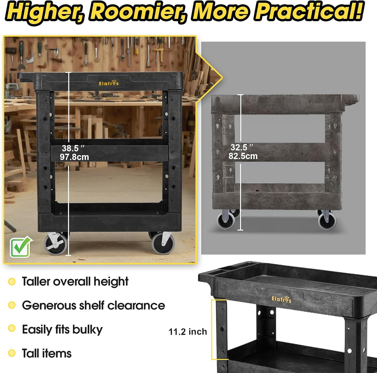 3-Shelf Heavy Duty Plastic Rolling Utility Cart, 34 x 17 x 38.5 in