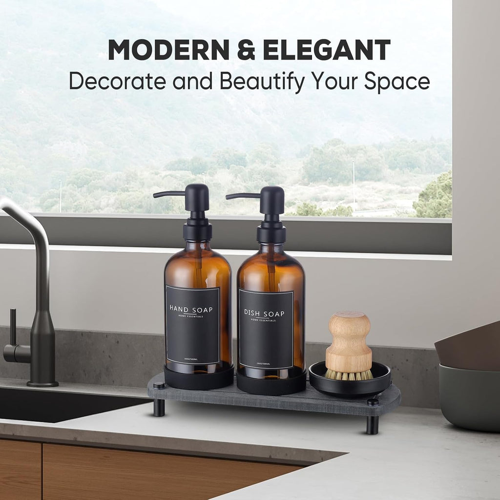 Kitchen Soap Dispenser Set with Instant Dry Tray,16 Oz Hand and Dish Soap Amber Glass Dispenser Set,Stainless Steel
