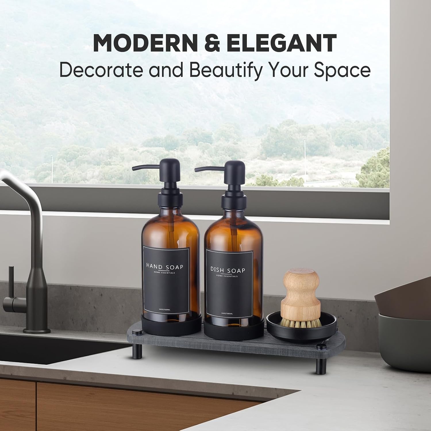Kitchen Soap Dispenser Set with Instant Dry Tray,16 Oz Hand and Dish Soap Amber Glass Dispenser Set,Stainless Steel