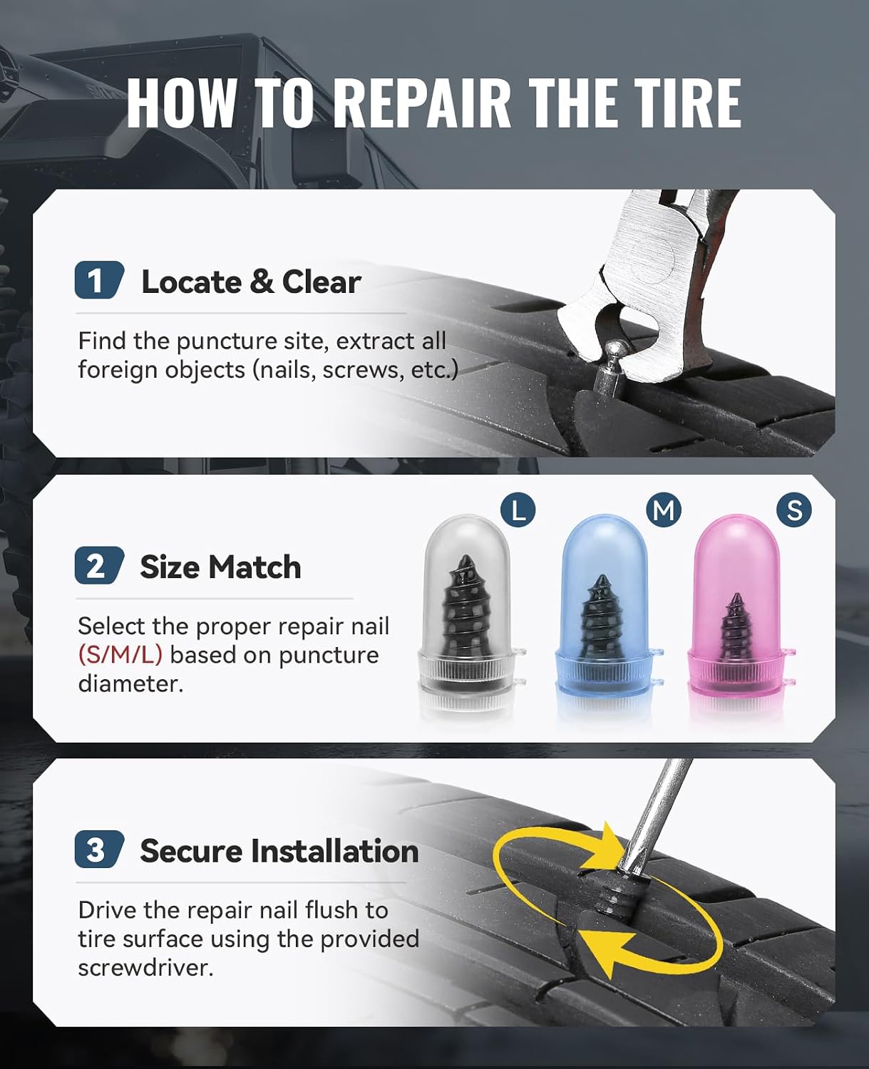 Tire Repair Kit with Tire Plug Screw Type, Heavy Duty Emergency Tool | 58pcs Value Kit, Professional Flat Tire