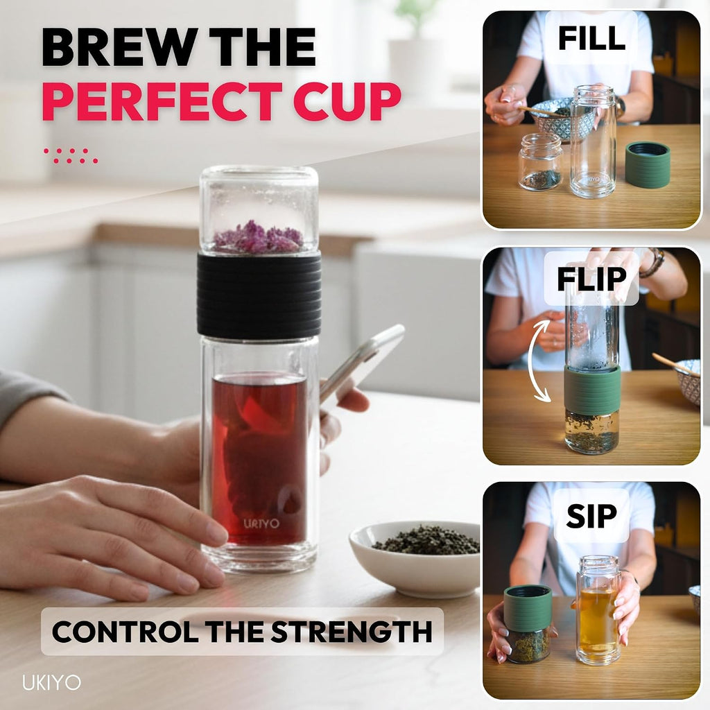 Premium Double-Wall Glass Tea & Fruit Infuser Bottle - Travel Tumbler with Stainless Steel Filter and Neoprene Sleeve