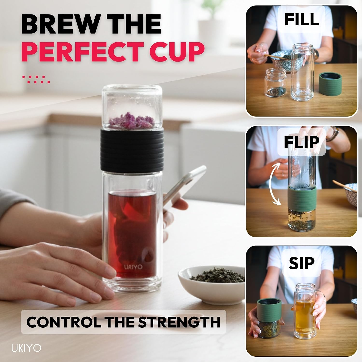 Premium Double-Wall Glass Tea & Fruit Infuser Bottle - Travel Tumbler with Stainless Steel Filter and Neoprene Sleeve