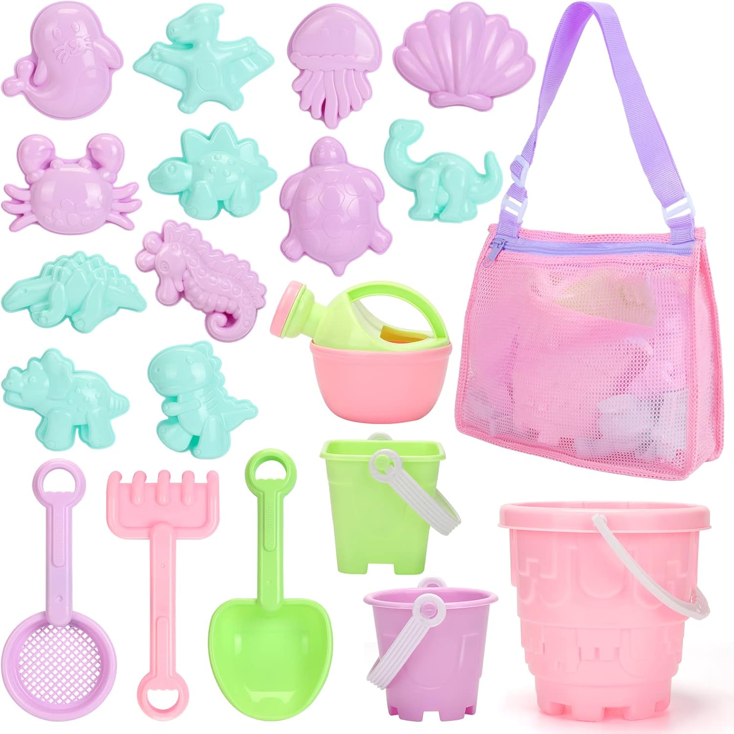 Beach Toys for Kids and Mesh Beach Bag with Zipper, Large Beach Tote with 8 Pockets, Sand Toys Storage Pool Bag Beach