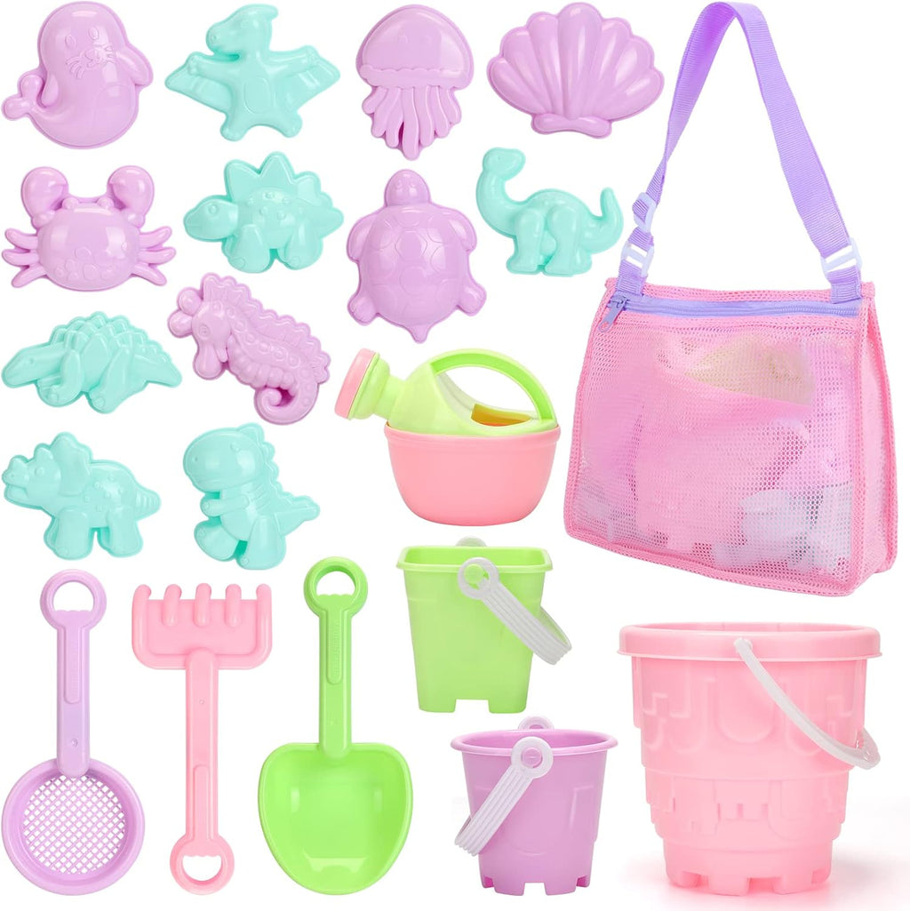 Beach Toys for Kids and Mesh Beach Bag with Zipper, Large Beach Tote with 8 Pockets, Sand Toys Storage Pool Bag Beach