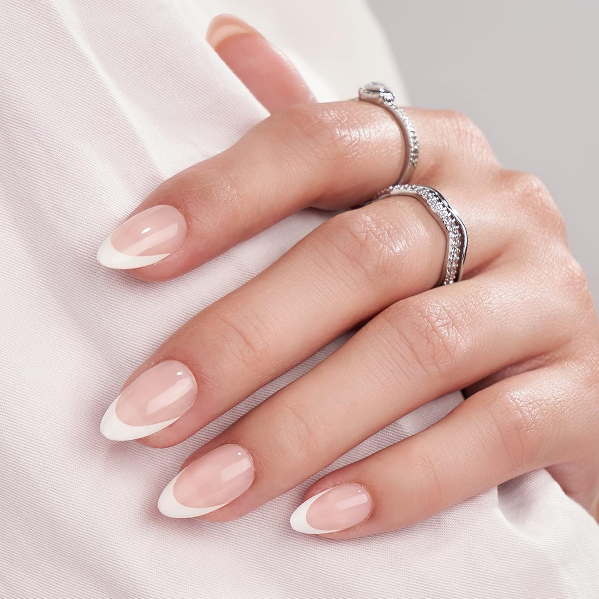 Press On Nails, Short Almond French Tip Nails, 32 Pcs Full Kit