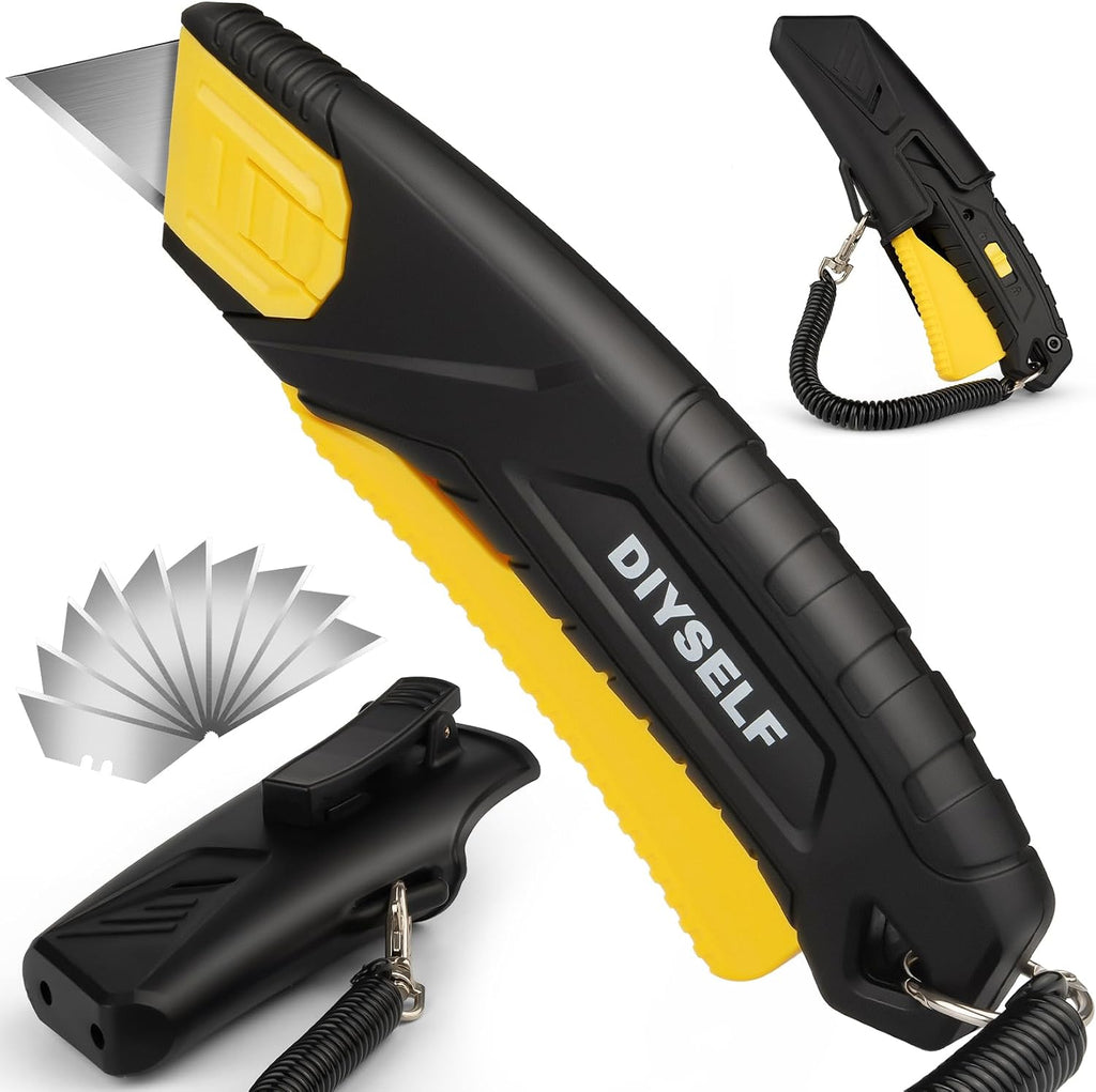Self-Retracting Safety Box Cutter with Holster and 10 SK5 Blades