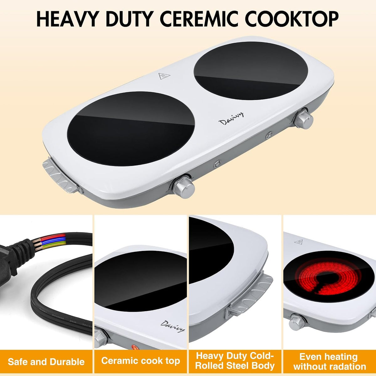 Double Burner Hot Plate Electric, 1800W Portable Electric Cooktop Burner with 7.9 Inch Crystallite Ceramic Glass